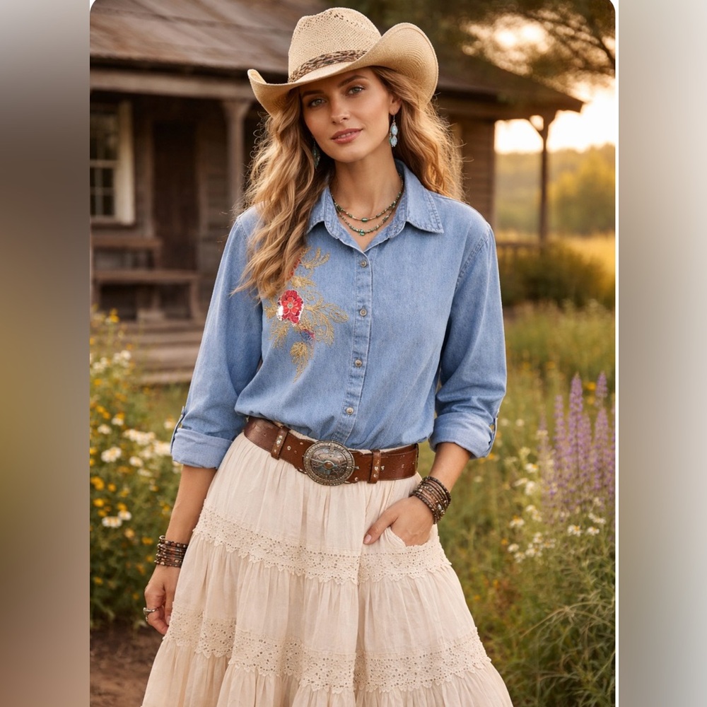 Blair Vintage 90's Western Denim Long Shirt Embroidered Flowers Women Size XL